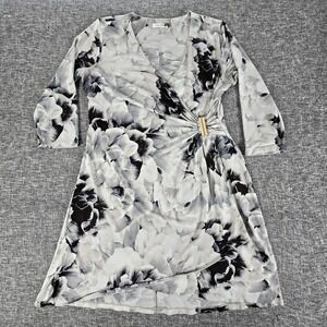 Calvin Klein Women's Grey Floral Print V Neck 3/4 Sleeve Wrap Dress M